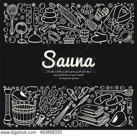 Sauna, Spa And Bath Accessories. Sketch Of Items In Doodle Style. Decorated On Both Sides Horizontal