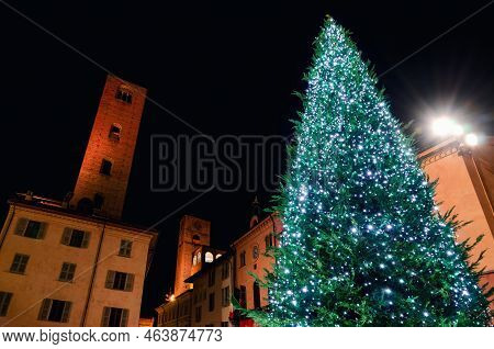 Piazza Risorgimento, Main Square Of Alba (piedmont, Italy) At Night With The Town Hall, The Medieval
