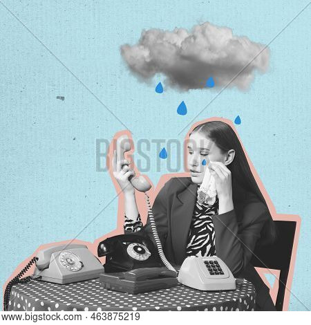 Contemporary Artwork. Sad Stressed Woman Sitting With Retro Style Phones And Crying. Concept Of Medi