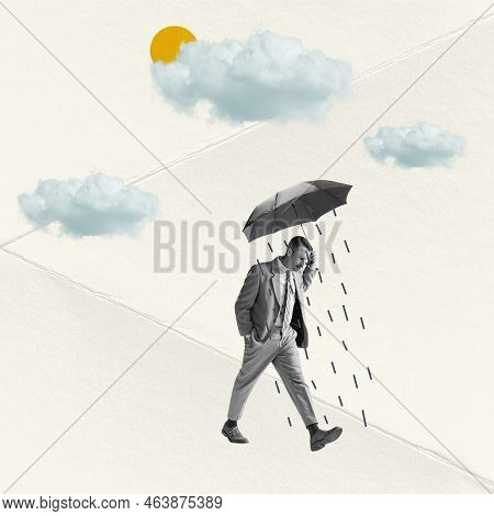 Sad Man Walking Under Umbrella On Abstract Background With Drawings. Bright Contemporary Collage. Ar