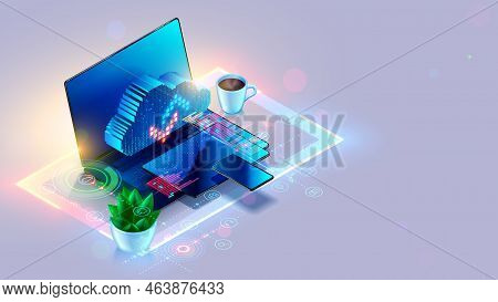 Cloud Computing Concept. Laptop, Tablet, Phone Network With Digital Cloud. Online Collaboration In I