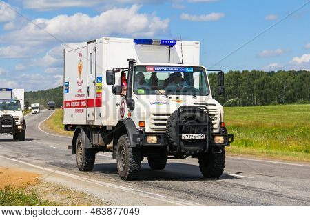 Chelyabinsk Region, Russia - July 11, 2016: Offroad Ambulance Vehicle Unimog U4000 Takes Part In The