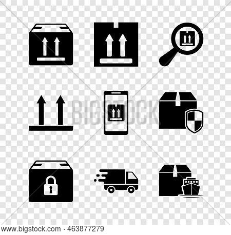 Set Cardboard Box With Traffic, Search Package, Locked, Delivery Truck In Movement, Cargo Ship Boxes