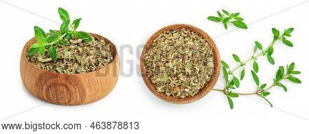 Dried Thyme Leaves In The Wooden Bowl, With Fresh Thyme Isolated On White Background