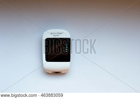 Poznan, Poland - 10.20.2022: Accu-chek Instant Blood Glucose Meter Close-up