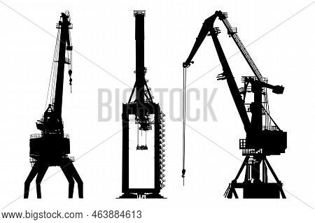 Set Of Cargo Cranes Isolated On White Background. Harbor Crane, Winches And Lift Black Silhouette. S