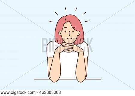 Smiling Young Woman Sit At Desk Looking At Camera. Happy Girl Sitting At Table Communicating With Fr