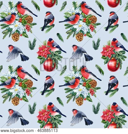 Holiday Seamless Pattern. Birds Bullfinches, Watercolor Illustration. Winter Design