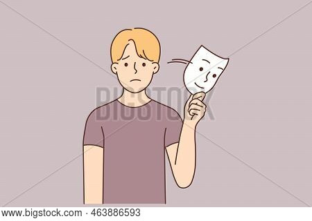 Unhappy Man Take Off Smiling Mask Show True Self Suffer From Depression. Upset Guy Struggle With Moo