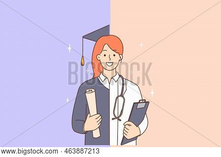 Smiling Female College Graduate And Successful Doctor. Happy Motivated University Student And Medica