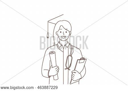 Smiling Female College Graduate And Successful Doctor. Happy Motivated University Student And Medica
