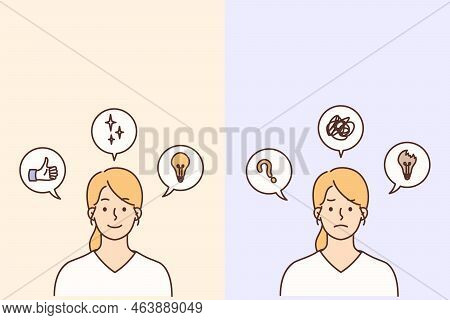 Happy Woman Generating Ideas And Unhappy One Lost In Thoughts And Inspiration Loss. Comparison Of Gi