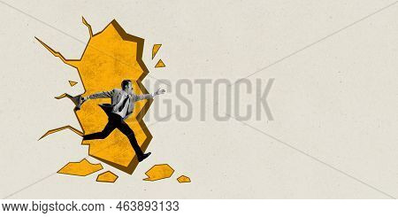 Contemporary Art Collage. Creative Design. Motivated, Ambitious Businessman Breaking Wll And Running