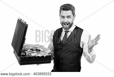 Surprised Businessman With Money Cafe Isolated On White Background, Investment