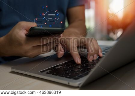 Men Hands Using Mobile Phone Typing Live Chat Chatting And Social Network. Chatting Application Work