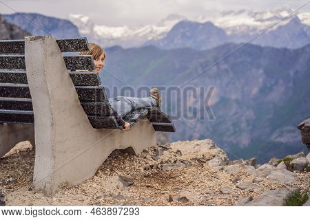 Boy Tourist On Background Of Breathtaking Panoramic View Of The Grlo Sokolovo Gorge In Montenegro. I