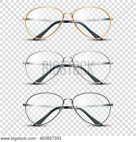 Vector 3d Realistic Round Frame Glasses Set With Colorless Clear Transparent Glass Isolated, Transpa