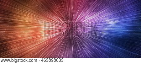 Hyperspace Speed Effect In Night Starry Sky. Bright Blue And Red Galaxy, Horizontal Banner. 3d Illus