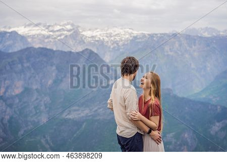 Man And Woman Happy Couple Tourists On Background Of Breathtaking Panoramic View Of The Grlo Sokolov