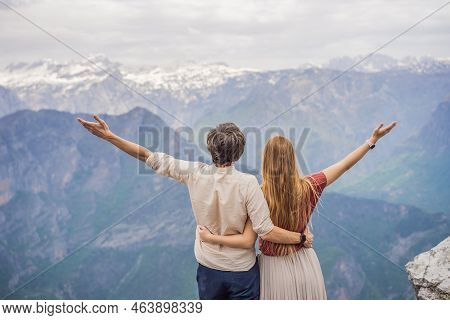 Man And Woman Happy Couple Tourists On Background Of Breathtaking Panoramic View Of The Grlo Sokolov