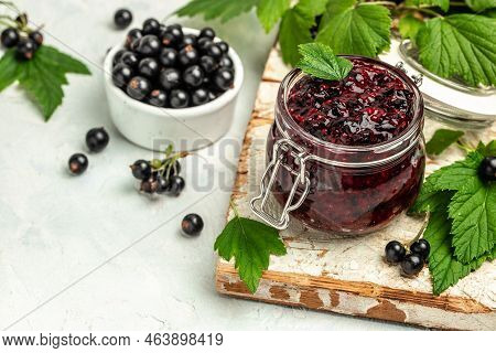Delicious Black Currant Jam Urd, Custard Or Jam And Fresh Berries, Long Banner Format, Top View.