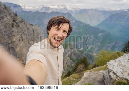 Man Tourist On Background Of Breathtaking Panoramic View Of The Grlo Sokolovo Gorge In Montenegro. I