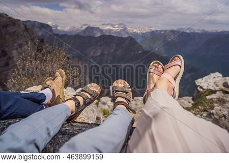 Happy Family On Background Of Breathtaking Panoramic View Of The Grlo Sokolovo Gorge In Montenegro. 