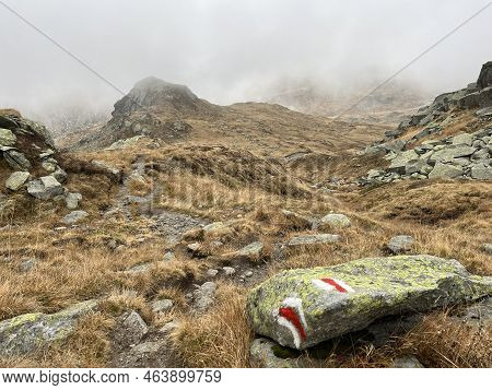 Mountaineering Signposts And Markings In The Mountainous Area Of The Alpine St. Gotthard Pass (gotth
