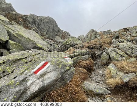 Mountaineering Signposts And Markings In The Mountainous Area Of The Alpine St. Gotthard Pass (gotth