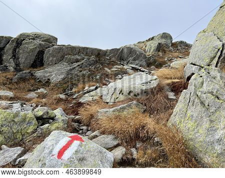 Mountaineering Signposts And Markings In The Mountainous Area Of The Alpine St. Gotthard Pass (gotth