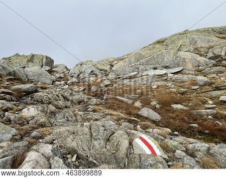 Mountaineering Signposts And Markings In The Mountainous Area Of The Alpine St. Gotthard Pass (gotth