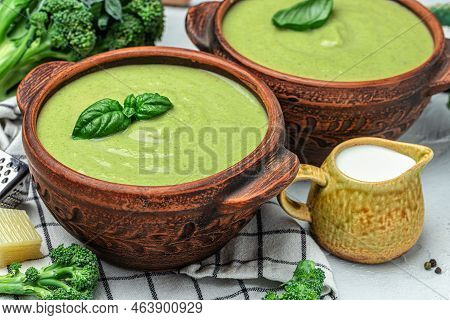 Broccoli Soup With Vegetables In A Bowl Omemade Healthy Organic Vegetarian Vegan Diet Fresh Food Mea