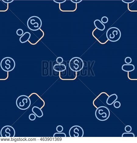 Line Human And Money Icon Isolated Seamless Pattern On Blue Background. Concept Of Attracting Invest