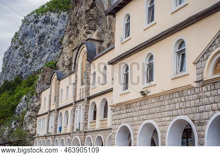 Monastery Of Ostrog, Serbian Orthodox Church Situated Against A Vertical Background, High Up In The 