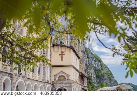 Monastery Of Ostrog, Serbian Orthodox Church Situated Against A Vertical Background, High Up In The 