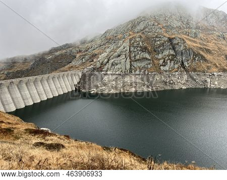 The Dam Lucendro Or Concrete Dam On The Reservoir Lake Lago Di Lucendro In The Swiss Alpine Area Of 