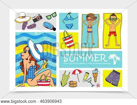 Hand Drawn Summer Vacation Elements Set With People Resting On Beach Hat Camera Sunglasses Thongs Ba