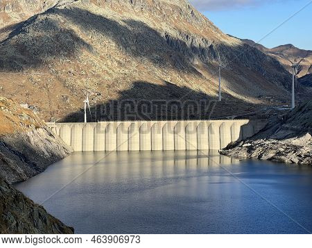 The Dam Lucendro Or Concrete Dam On The Reservoir Lake Lago Di Lucendro In The Swiss Alpine Area Of 