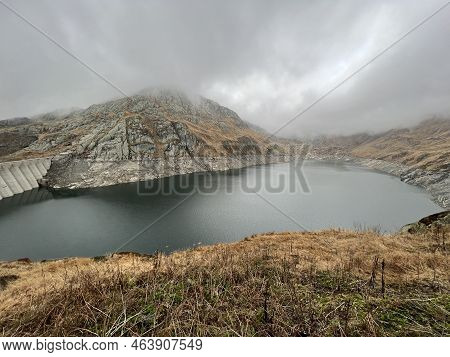 Artificial Reservoir Lake Lago Di Lucendro Or Accumulation Lake Lucendro In The Swiss Alpine Area Of
