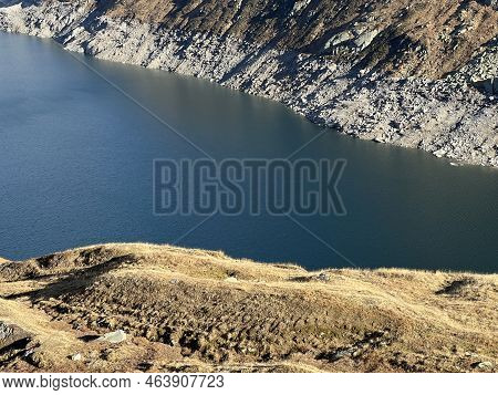 Artificial Reservoir Lake Lago Di Lucendro Or Accumulation Lake Lucendro In The Swiss Alpine Area Of
