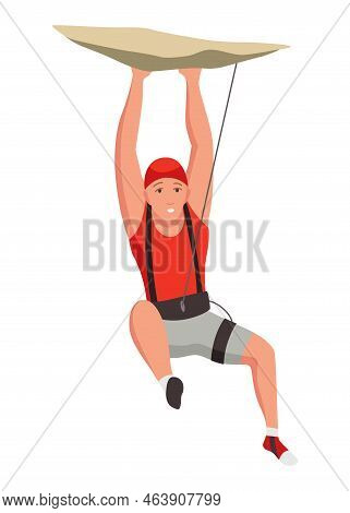 Mountain Climbing Person. Climber Men On Rock Mountain With Equipment. Extreme Outdoor Sports. Man O