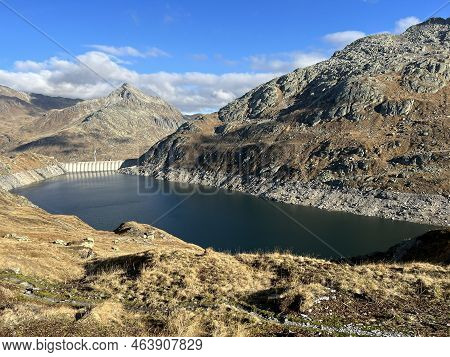 Artificial Reservoir Lake Lago Di Lucendro Or Accumulation Lake Lucendro In The Swiss Alpine Area Of