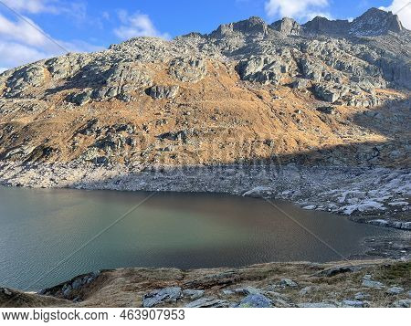 Artificial Reservoir Lake Lago Di Lucendro Or Accumulation Lake Lucendro In The Swiss Alpine Area Of