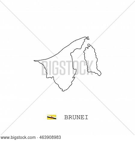 Brunei Vector Map Outline, Line, Linear. Brunei Black Map On White Background. Brunei Flag