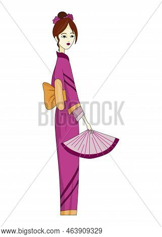 Japanese Girl Standing In Kimono. Women In Traditional Style Costume. Full Length Portrait Of Typica