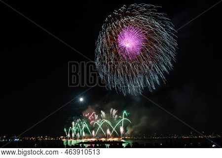 Scenic Fireworks Glowing In The Night For The 14th Of July Celebrations In The Harbor Of Cannes, Cot