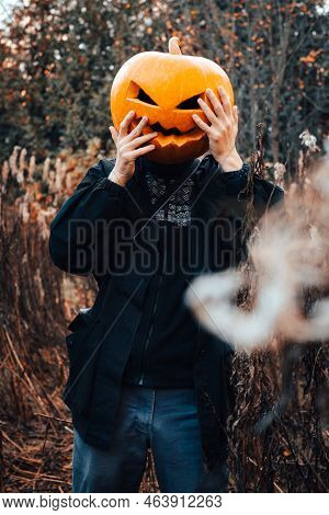 Man With An Orange Pumpkin (jack O Lantern) On His Head In A Black Jacket Stands In The Autumn Dry G