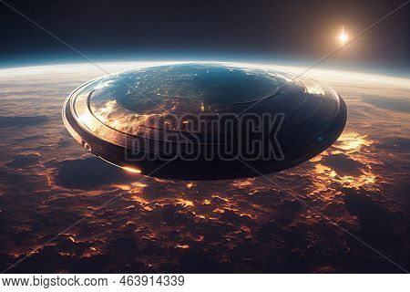 An Alien Flying Saucer Is Floating In Space. A Ufo, An Unidentified Flying Object, High Up In The Pl