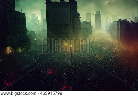 Zombies Horde In Ruined City After An Outbreak. Digital Art Style Painting