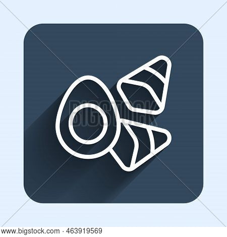 White Line Chicken Egg With Vegerables Icon Isolated With Long Shadow Background. Blue Square Button